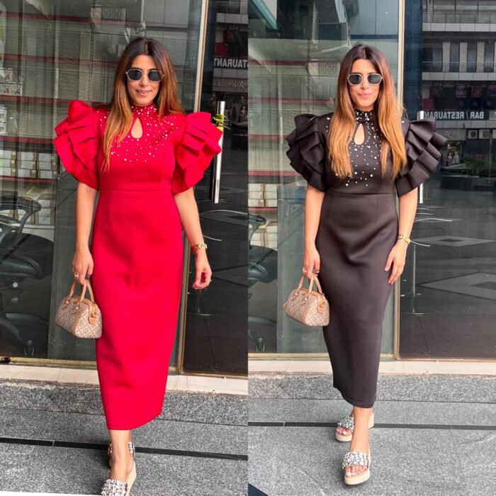 Pearl Embellished Ruffle Sleeve Dress