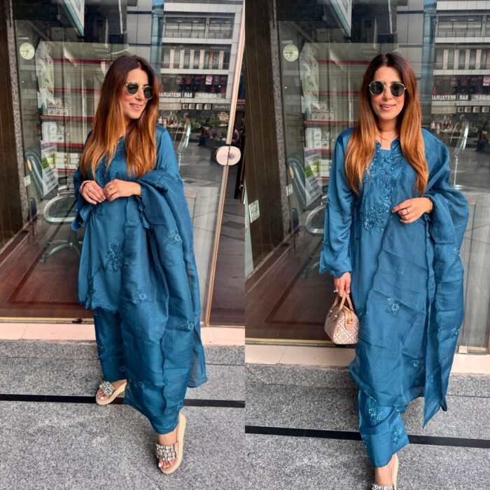 Teal Blue Embroidered Suit Set